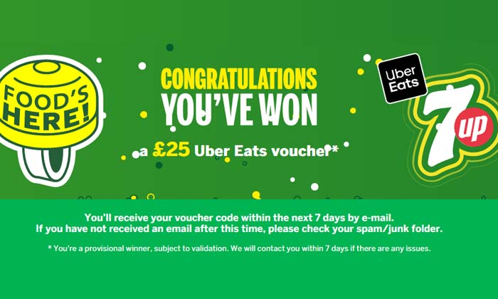 We won a £25 Uber Eats Voucher with 7up Moments